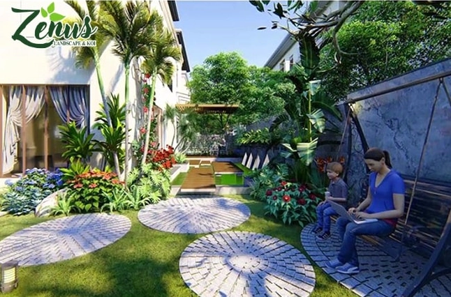 Thiết kế sân vườn hiện đại với cây xanh được bố trí hài hòa bên không gian sống