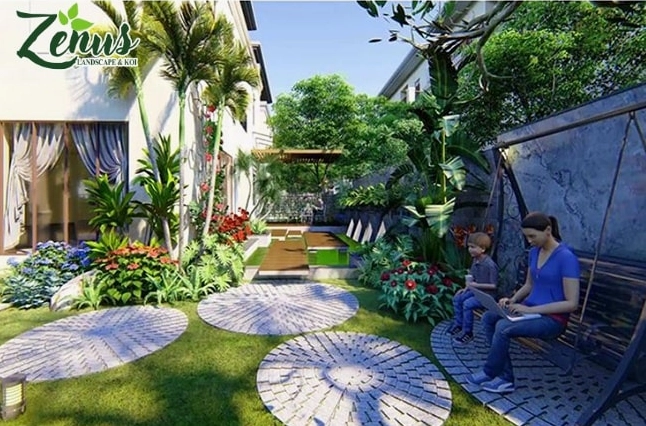 Thiết kế sân vườn hiện đại với đường nét tối giản và mảng cây xanh ôm lấy kiến trúc biệt thự