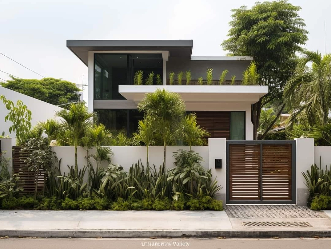 Thiết kế sân vườn trước nhà với cây xanh và điểm nhấn cảnh quan tạo chiều sâu tự nhiên