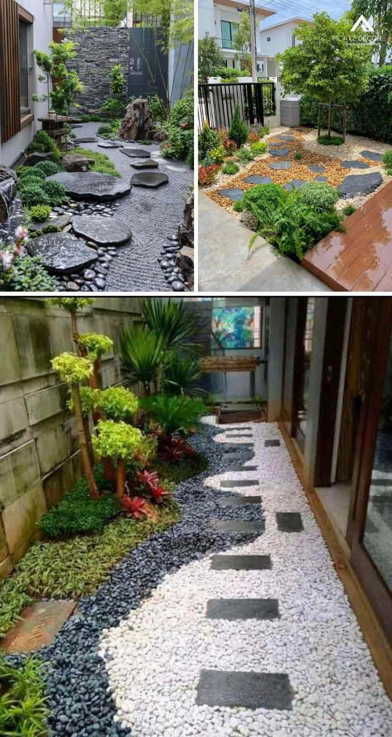 Tiểu cảnh đá cuội decor lối đi ấn tượng với đường nét rõ ràng và nền đá tự nhiên