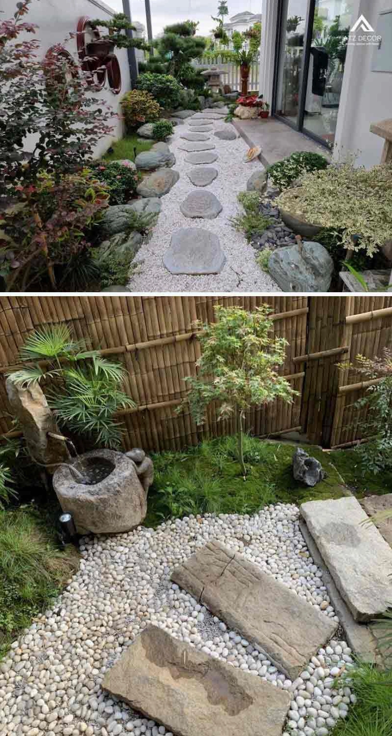 Tiểu cảnh đá cuội lối đi đẹp với bề mặt đá tròn nhẵn tạo cảm giác gần gũi và thư thái