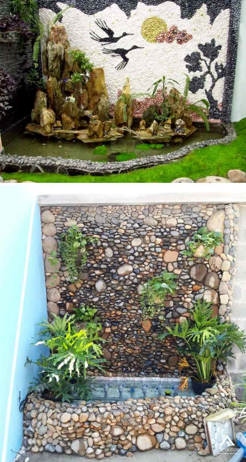 Tiểu cảnh đá cuội trên tường tạo bề mặt trang trí độc đáo cho không gian sân vườn