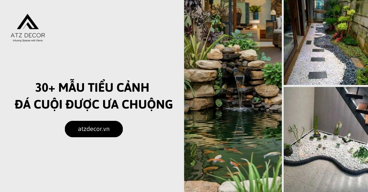 Tiểu cảnh đá cuội với bề mặt sỏi đá tự nhiên tạo vẻ trầm tĩnh cho sân vườn