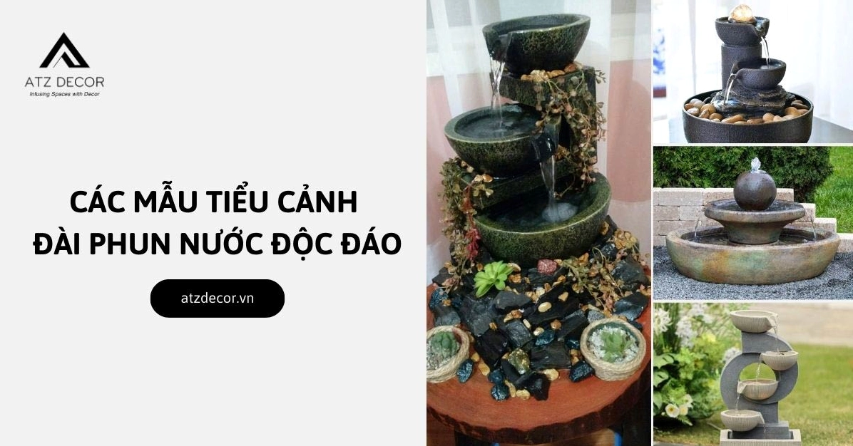Tiểu cảnh đài phun nước trong sân vườn với dòng nước nhẹ và cây xanh bao quanh