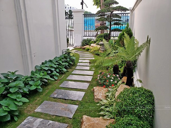 Tiểu cảnh lối đi cạnh nhà với đá lát, cây xanh ven lối và chiều sâu yên tĩnh