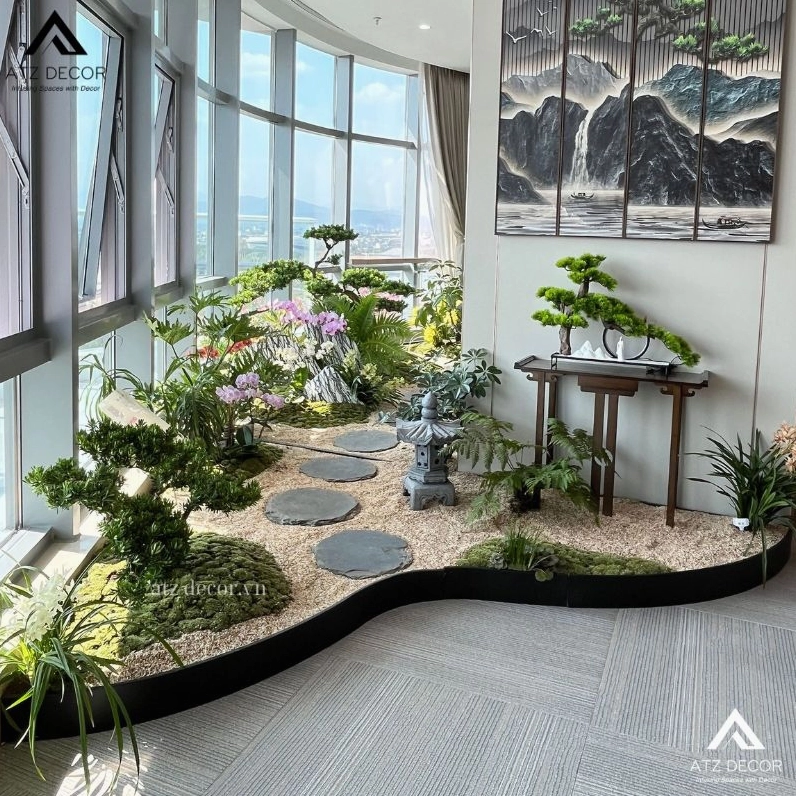 Tiểu cảnh sân vườn đơn giản với cây xanh nhẹ nhàng và không gian thoáng