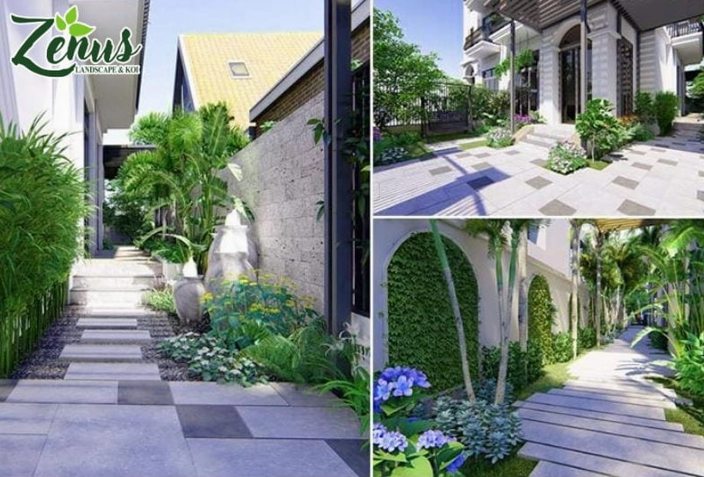 Tiểu cảnh sân vườn hiện đại với cây xanh thấp và bố cục tinh tế gần lối đi