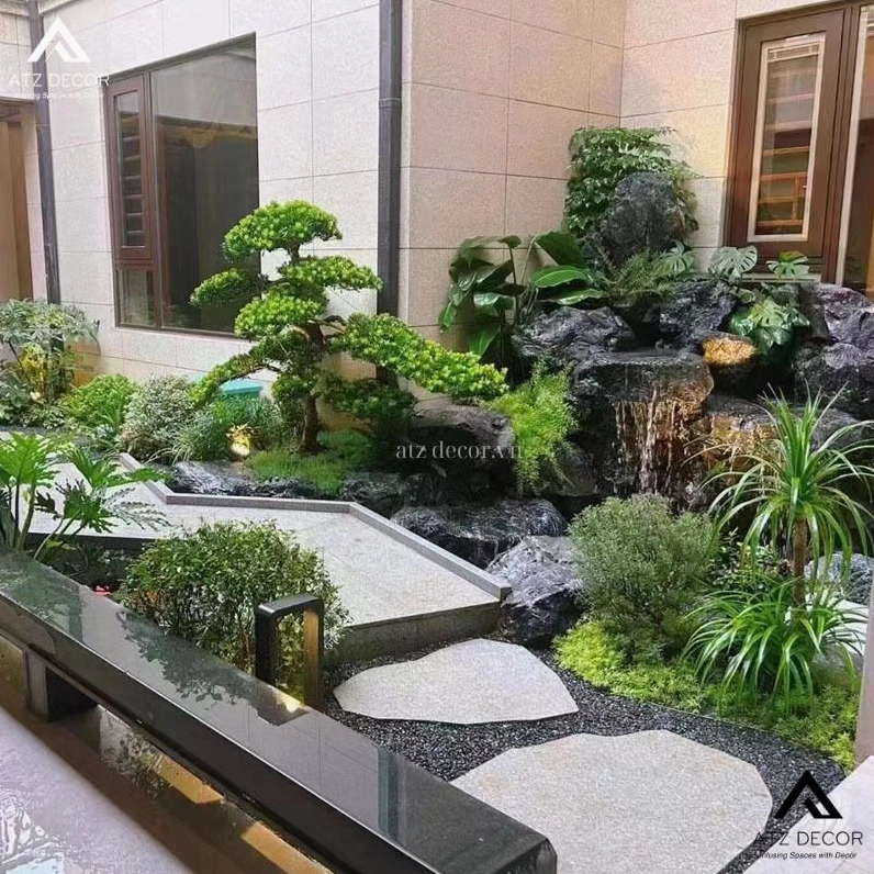 Tiểu cảnh sân vườn mini đẹp với mảng cây nhỏ gọn phù hợp không gian nhà phố