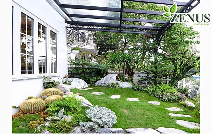 Tiểu cảnh sân vườn trong nhà tại Thành phố Hồ Chí Minh với cây xanh và bố cục trang nhã