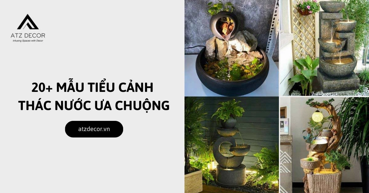 Tiểu cảnh thác nước với dòng chảy mềm mại giữa đá và cây xanh