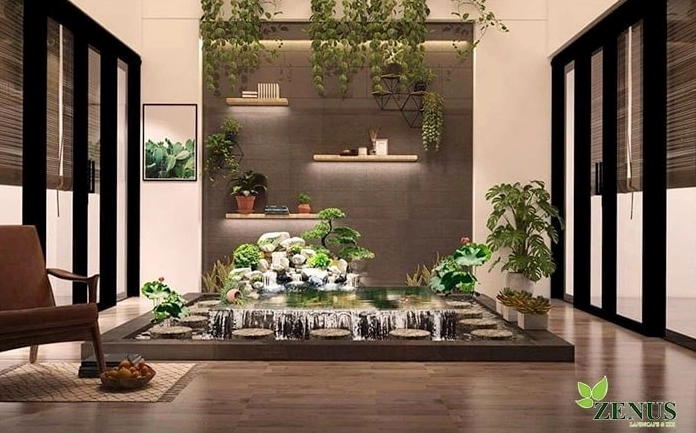Tiểu cảnh trong nhà Hà Nội với cây xanh được bố trí gần gũi và giàu cảm giác thư giãn