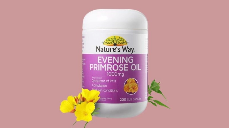 Viên uống Hoa Anh Thảo của Natures Way được chụp rõ bao bì với sắc ảnh tươi sáng và gọn gàng
