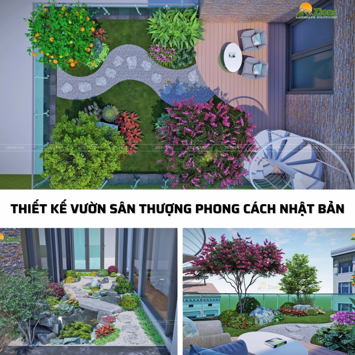 Vườn sân thượng phong cách Nhật Bản với bố cục thanh tĩnh và cây xanh tiết chế