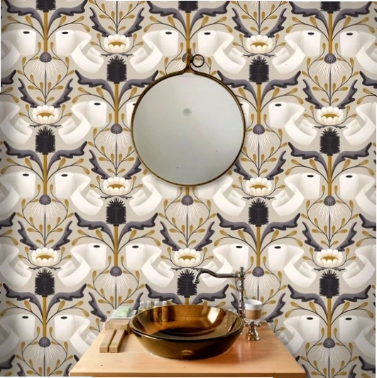 Decorative bathroom with floral patterned wallpaper