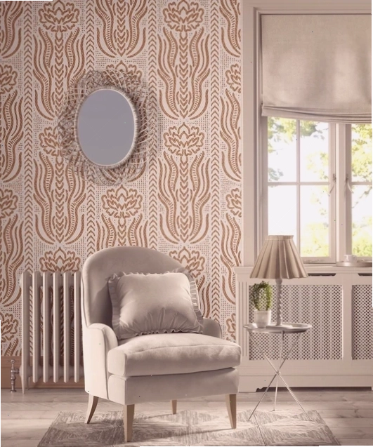 Living room with patterned wallpaper and armchair