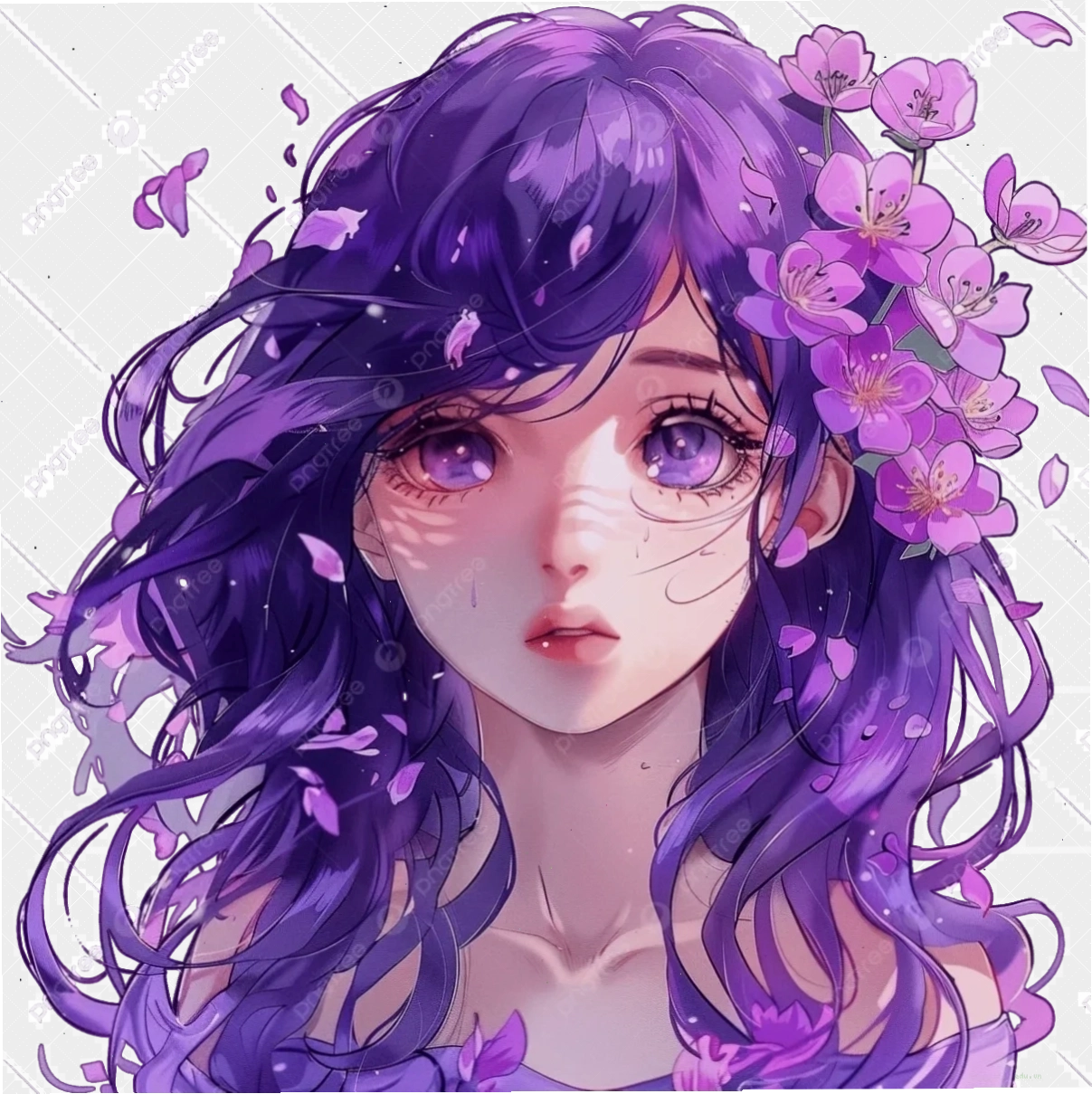 Anime girl tóc tím trong trang phục cổ trang thanh tao