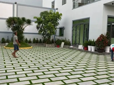 Trang trí sân vườn bằng cỏ nhân tạo đẹp mê ly